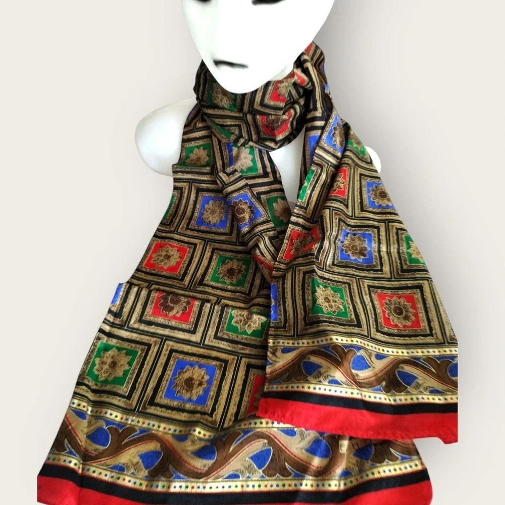 Vintage Echo Silk Scarf Rectangle Floral‎ Tile Print Gold Red